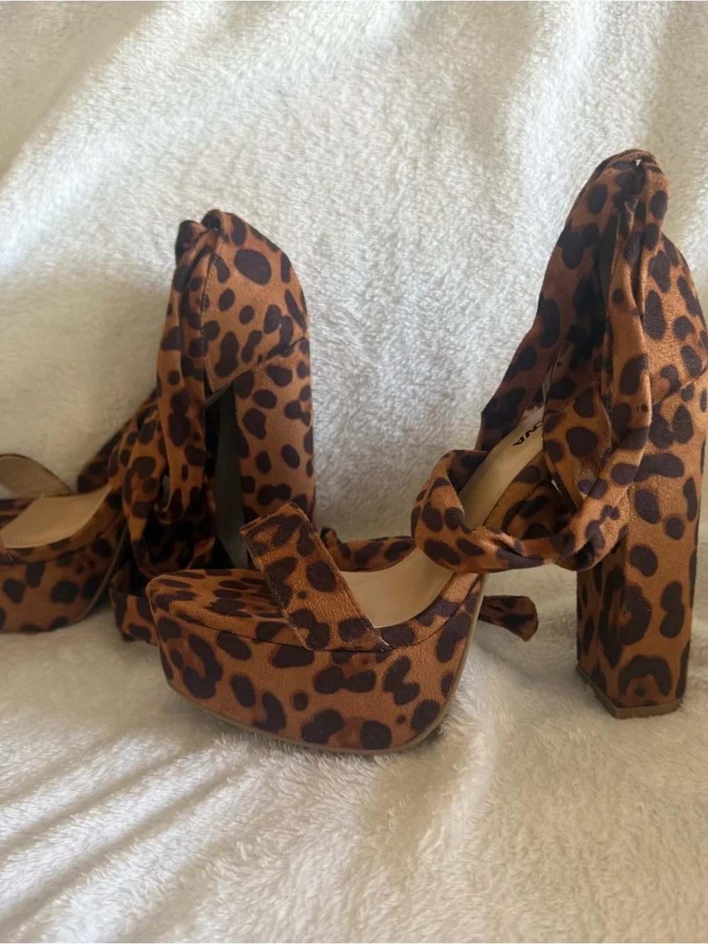 Fashion Nova Leopard Print Wrap Platform Heels - Brown